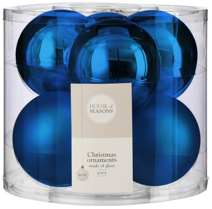 Набор шаров ø 8 см 6 шт синий в прозрачной коробке (85570)