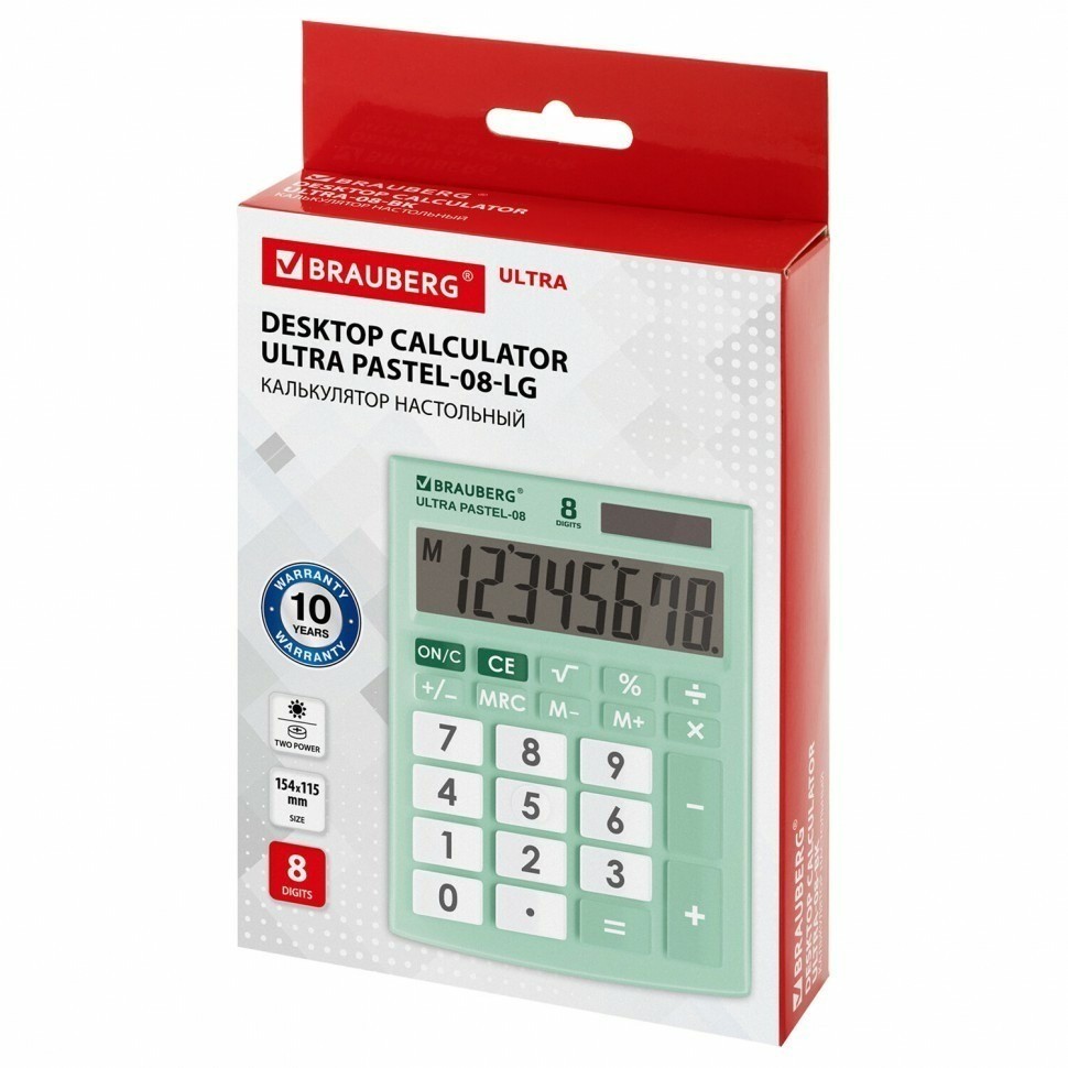 Калькулятор наст BRAUBERG ULTRA PASTEL-08-LG 154x115 мм 8 разр МЯТНЫЙ 250515 (93104)