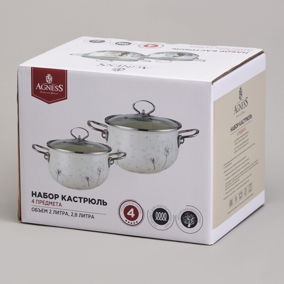 Набор кастрюль эмалированный, серия "dandelion" 4пр. 2,0/2,8л диа.18/20см Agness (943-100)