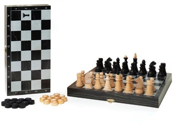 Игра 2в1 дорожная черная, рисунок серебро с обиходными деревянными шахматами "Объедовские" (шахматы, (46162)