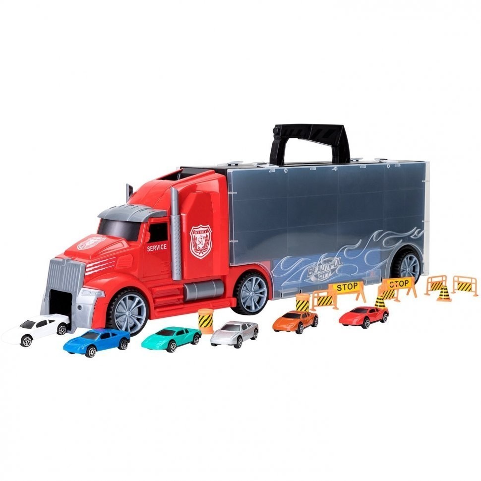 Набор машинок серии "Мой город" (Автовоз - кейс 54 см, красный, с тоннелем.6 машинок и 10 дорожных знаков) (G205-013)