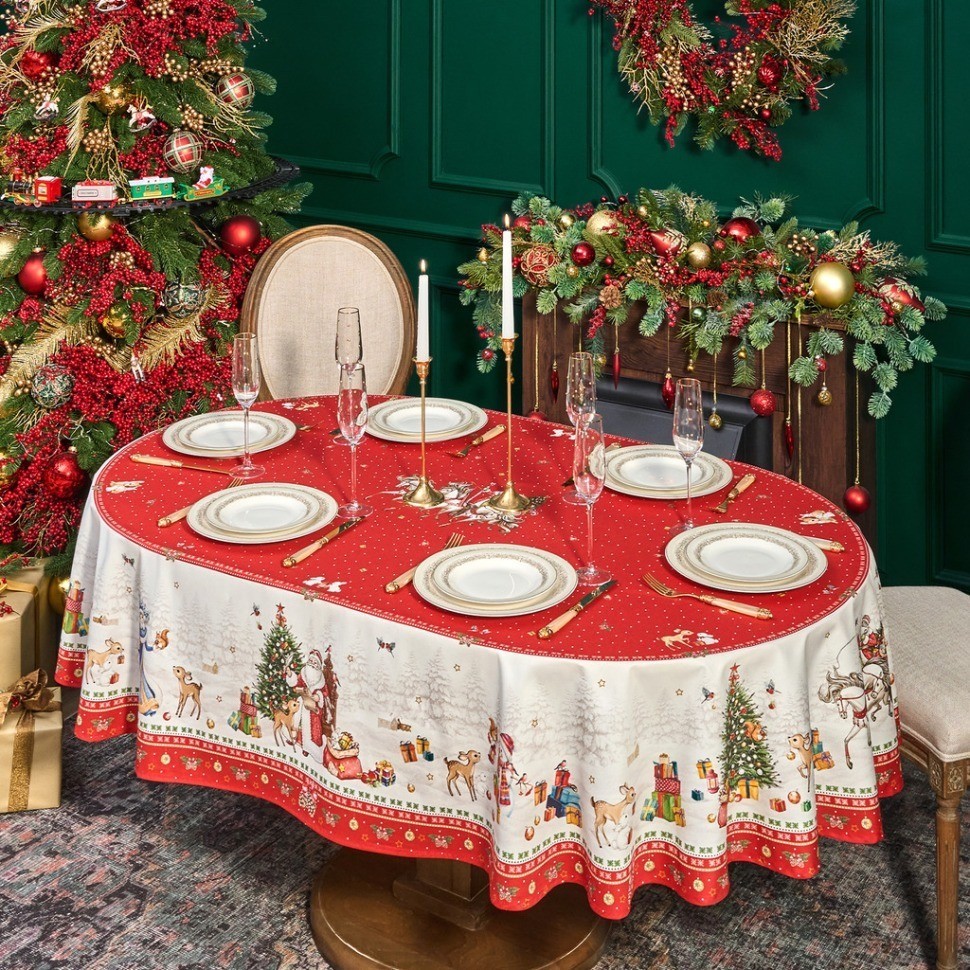 Скатерть  овальная  "с новым годом" ,140х180см ,красный, 100% хлопок ,твил Lefard (850-763-4)