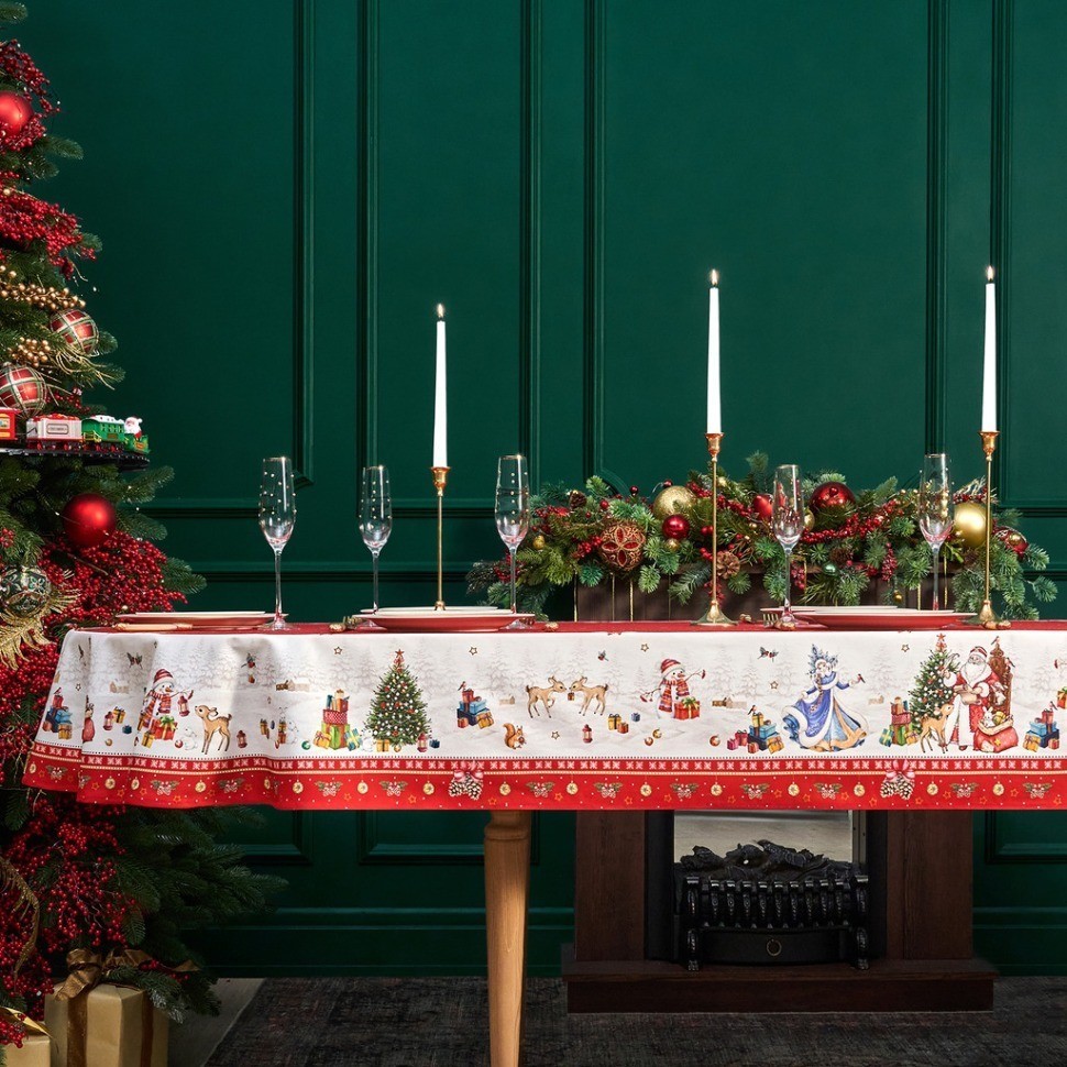 Скатерть овальная "с новым годом" 140х300см ,красный, 100% хлопок,твил пропитка Lefard (850-763-42)