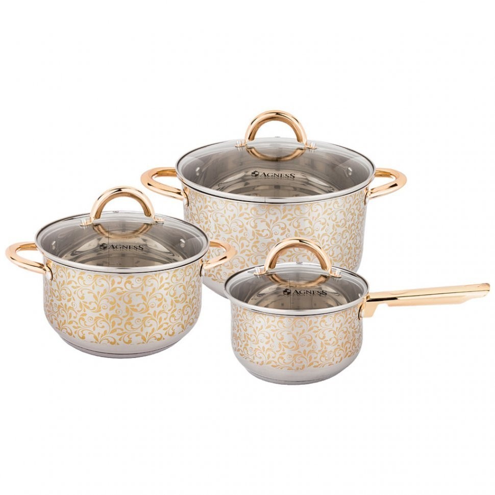 Набор посуды agness со стекл.крышками, 6пр. ковш 1,2л/ диа.14см, кастрюли 2,5л/18см, 3,5л/диа.20см Agness (937-747)