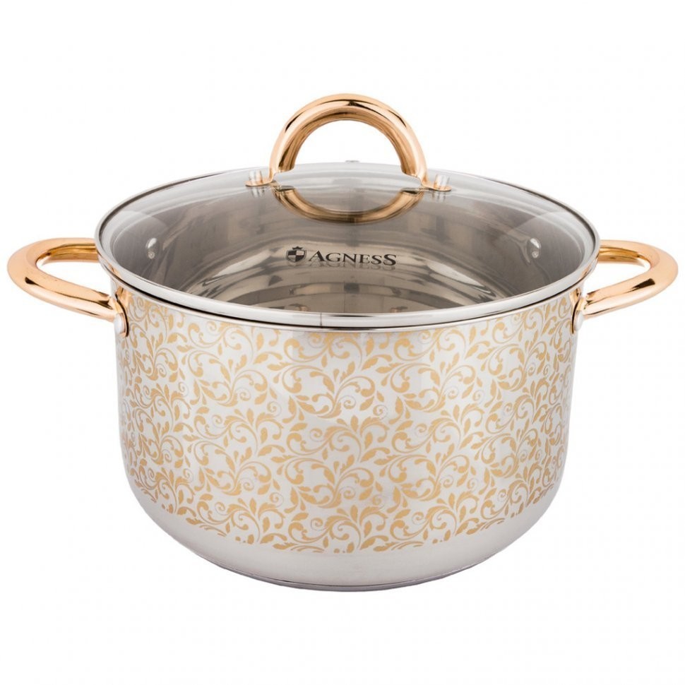 Набор посуды agness со стекл.крышками, 6пр. ковш 1,2л/ диа.14см, кастрюли 2,5л/18см, 3,5л/диа.20см Agness (937-747)