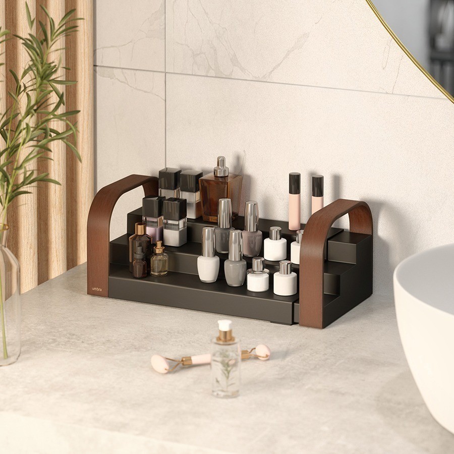 Полка для специй трехъярусная раздвижная bellwood, черная/орех (78715)