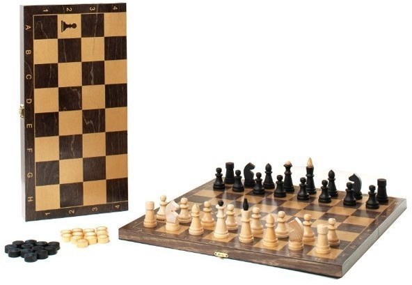 Игра 2в1 малая венге, рисунок золото с обиходными деревянными шахматами "Объедовские" (шахматы, шашк (46157)