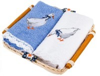 Комплект полотенец из 2-х шт 50х30 в корзине &quot;гуси&quot;,х/б 100%,вышивка/махра, белый+синий SANTALINO (850-840-1)