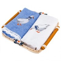 Комплект полотенец из 2-х шт 50х30 в корзине &quot;гуси&quot;,х/б 100%,вышивка/махра, белый+синий SANTALINO (850-840-1)