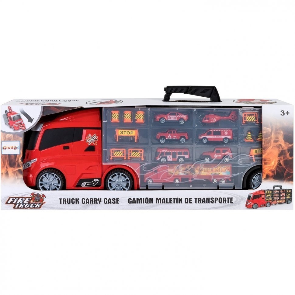 Машина игрушка серии "Служба спасения" (Автовоз - кейс 59 см, красный, с тоннелем. Набор из 4 машинок, 1 автобуса, 1 вертолета, 1 фуры и 12 дорожных з (G205-009)