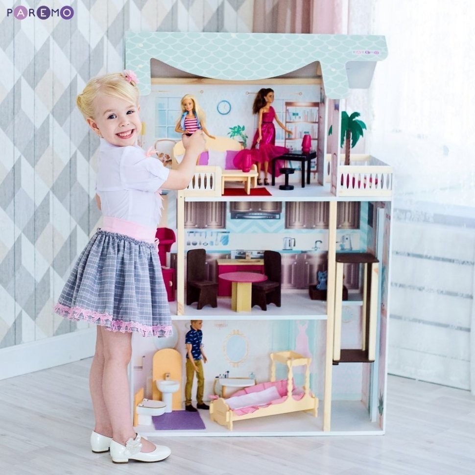 Деревянный кукольный домик "Сан-Ремо", с мебелью 20 предметов в наборе, свет, звук, для кукол 30 см (PD318-06)