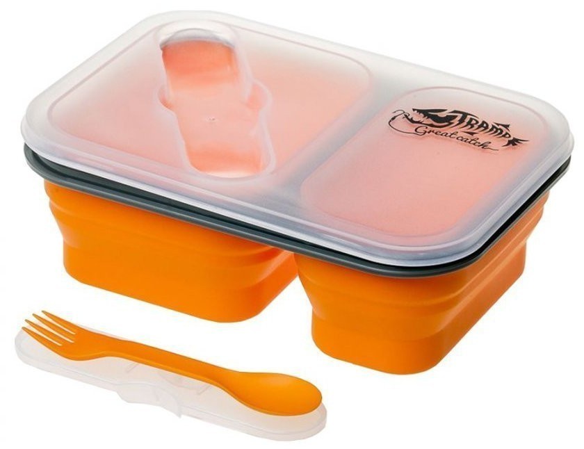 Контейнер для еды Tramp 900мл силикон, 2 отсека, с ловилкой оранжевый TRC-090 (63914)