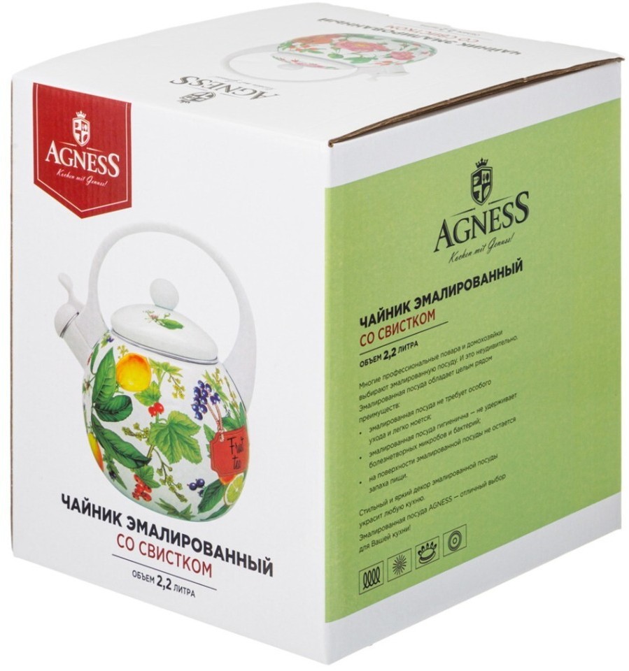 Чайник agness эмалированный со свистком серия "фруктовая корзина", 2,2л, индукционное дно (934-589)