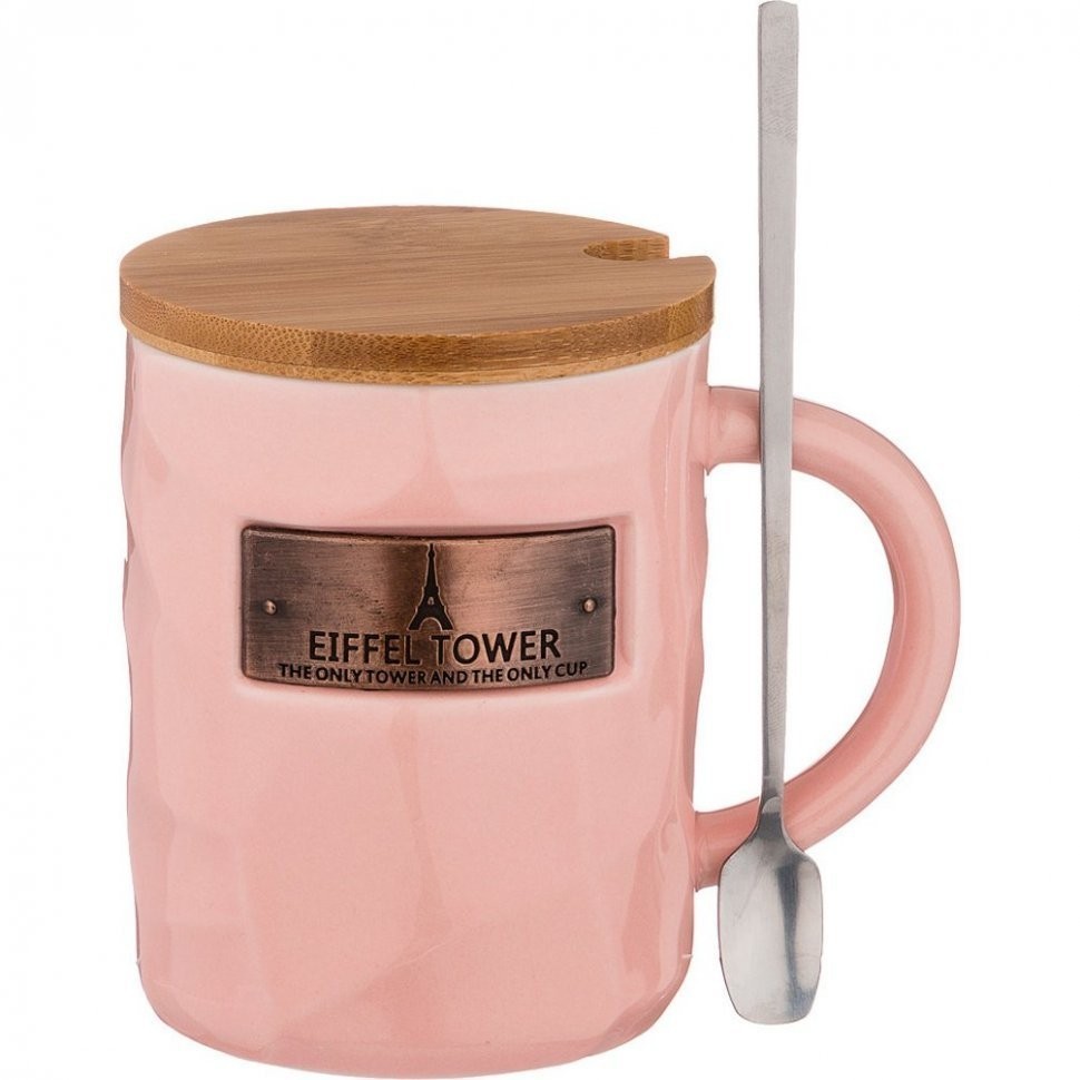 Кружка "break time" с ложкой и деревянной крышкой 375мл, розовая Lefard (90-1020)