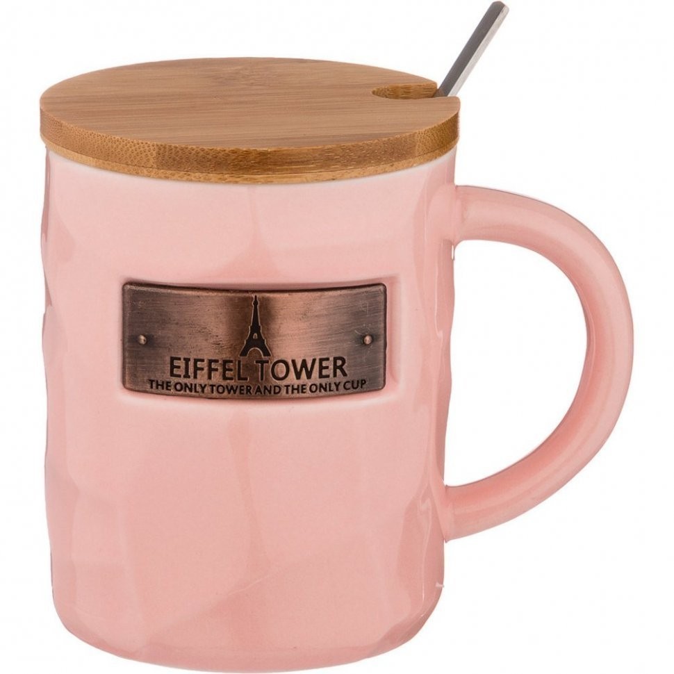 Кружка "break time" с ложкой и деревянной крышкой 375мл, розовая Lefard (90-1020)