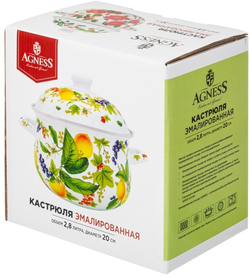 Кастрюля agness эмалированная с эмал.крышкой серия "фруктовая корзина", 2.8 л, 20*12 см (934-582)