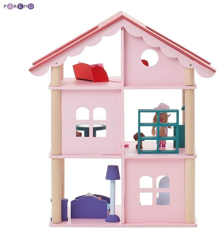 Деревянный кукольный домик "Роза Хутор", с мебелью 14 предметов в наборе, для кукол 15 см (PD215)