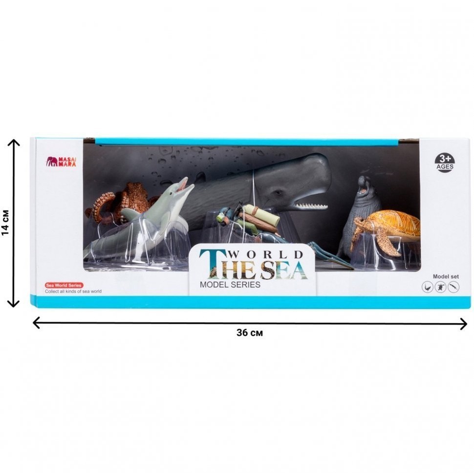Фигурки игрушки серии "Мир морских животных": Кашалот, морская черепаха, дельфин, осьминог, морской слон, дайвер (набор из 5 фигурок животных и 1 чел (ММ203-025)