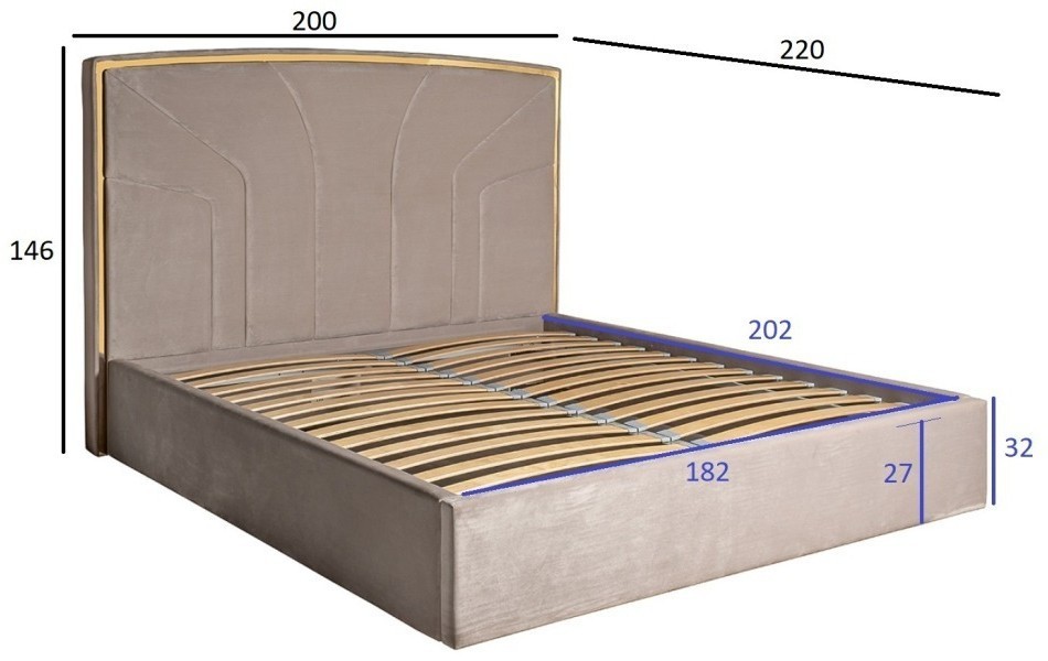 Кровать Lancy 180см, велюр серый 200*220*146см (TT-00009831)