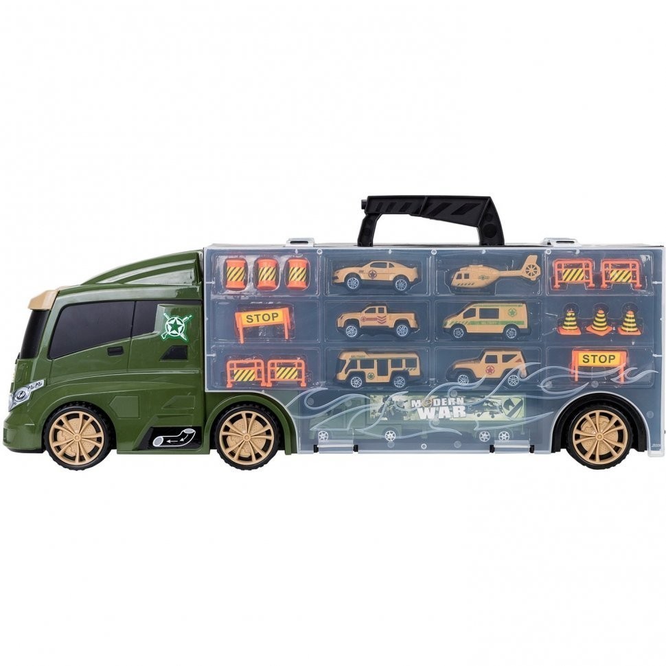 Машина игрушка серии "Милитари" (Автовоз - кейс 59 см, зеленый, с тоннелем. Набор из 4 машинок, 1 автобуса, 1 вертолета, 1 фуры и 12 дорожных знаков) (G205-011)