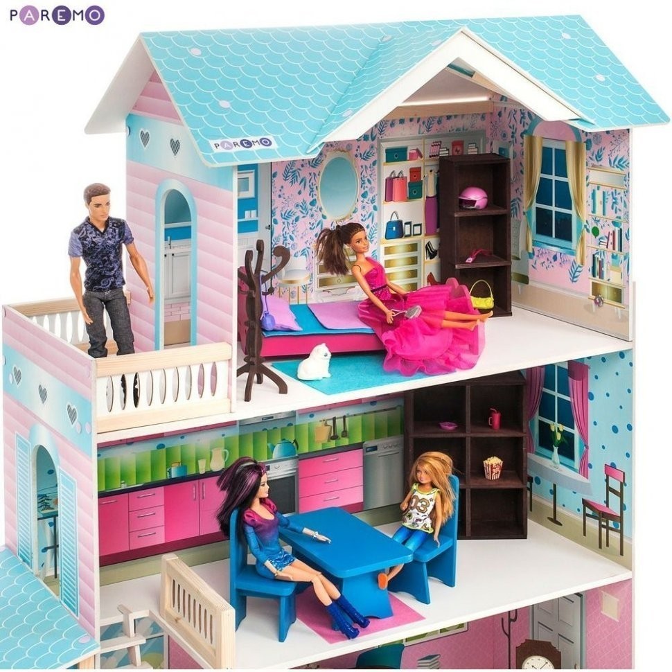 Деревянный кукольный домик "Беатрис Гранд", с мебелью 11 предметов в наборе и с гаражом, для кукол 30 см (PD318-12)