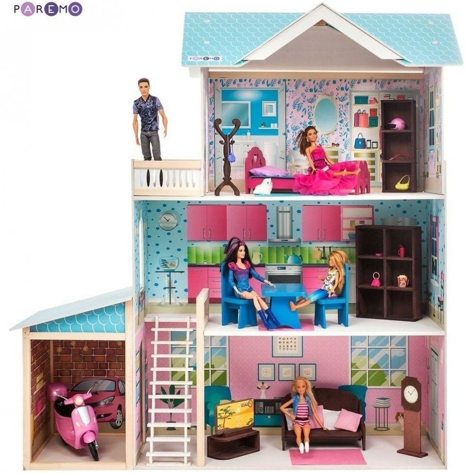 Деревянный кукольный домик "Беатрис Гранд", с мебелью 11 предметов в наборе и с гаражом, для кукол 30 см (PD318-12)