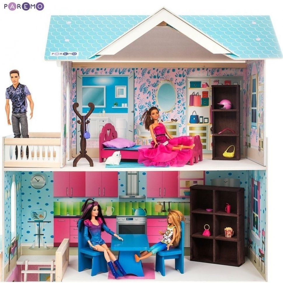 Деревянный кукольный домик "Беатрис Гранд", с мебелью 11 предметов в наборе и с гаражом, для кукол 30 см (PD318-12)