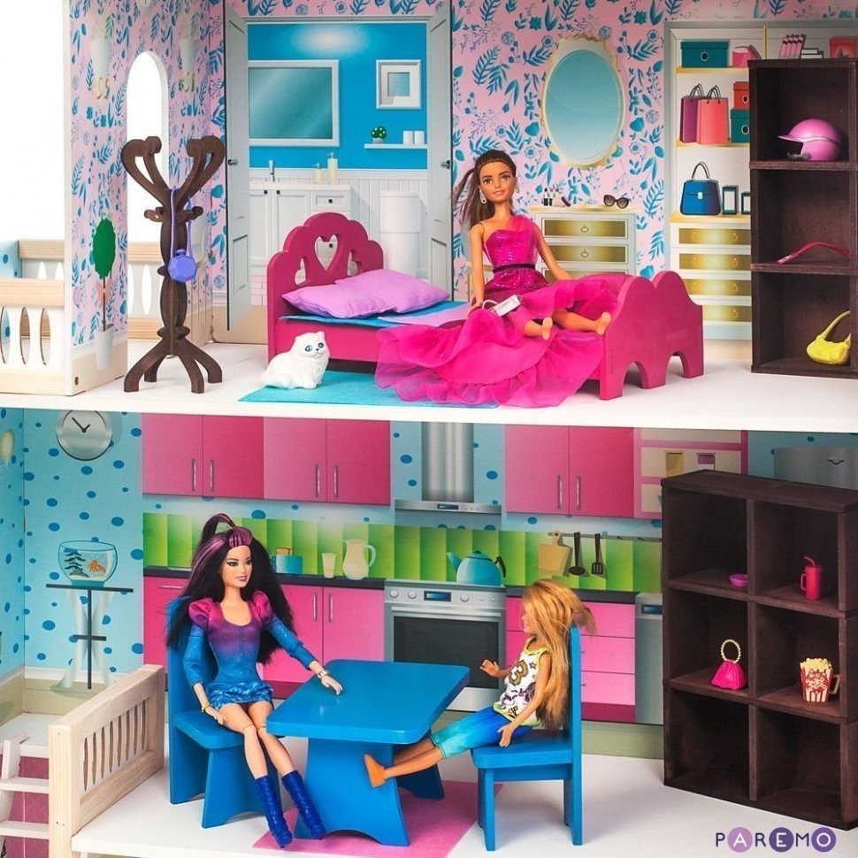 Деревянный кукольный домик "Беатрис Гранд", с мебелью 11 предметов в наборе и с гаражом, для кукол 30 см (PD318-12)