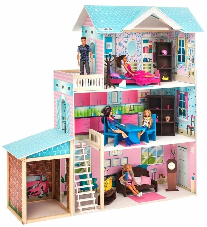 Деревянный кукольный домик "Беатрис Гранд", с мебелью 11 предметов в наборе и с гаражом, для кукол 30 см (PD318-12)