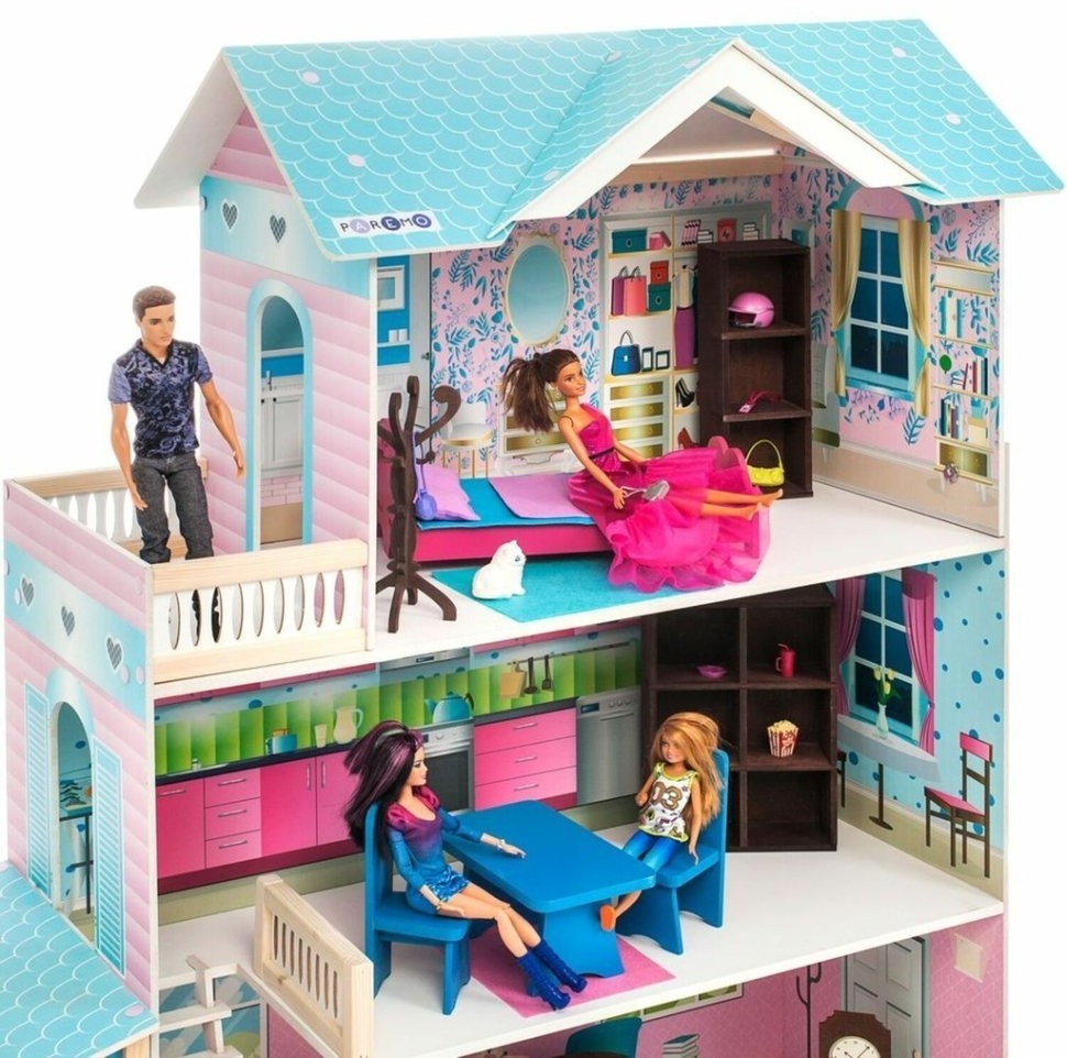 Деревянный кукольный домик "Беатрис Гранд", с мебелью 11 предметов в наборе и с гаражом, для кукол 30 см (PD318-12)