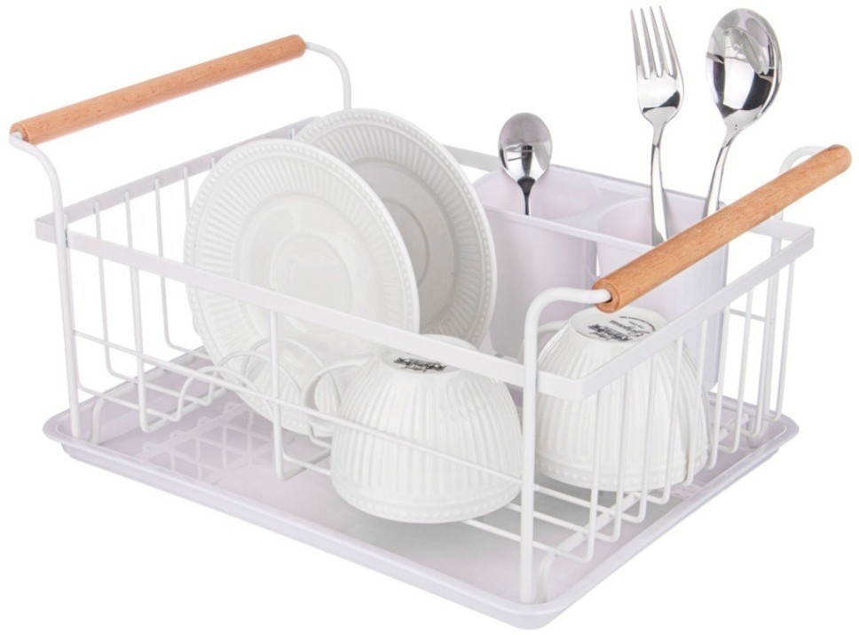Сушилка для посуды с деревянными ручками белая 36*26*16,5 см (кор-6шт) Agness (917-100)
