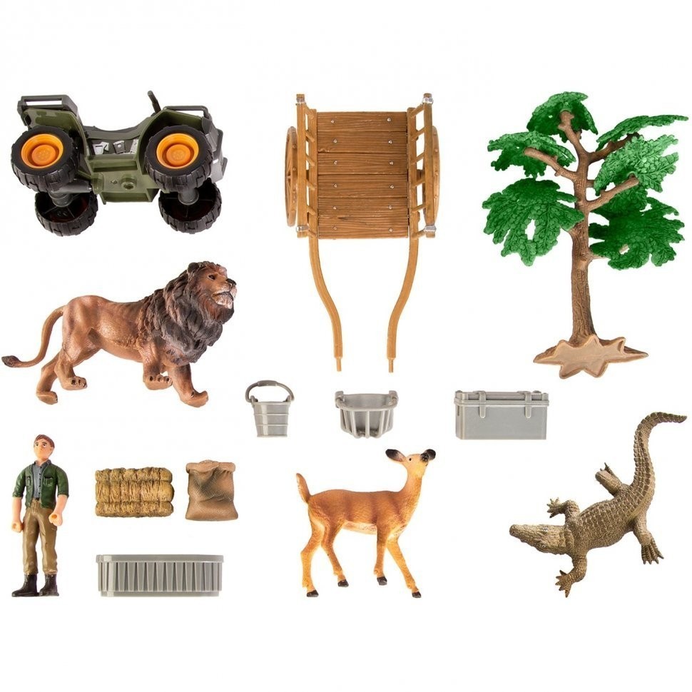 Набор фигурок животных серии "На ферме": Ферма игрушка, лев, крокодил, олененок, квадроцикл, фермер, инвентарь - 15 предметов (ММ205-080)