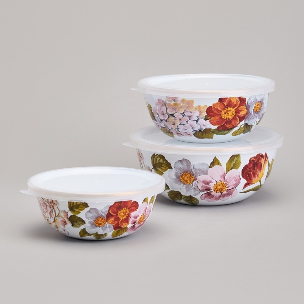 Набор мисок agness эмалированных с пластик.крышками, серия фландрия 6пр 0,6/0,9/1,3л диа. 14/16/18см (950-595)