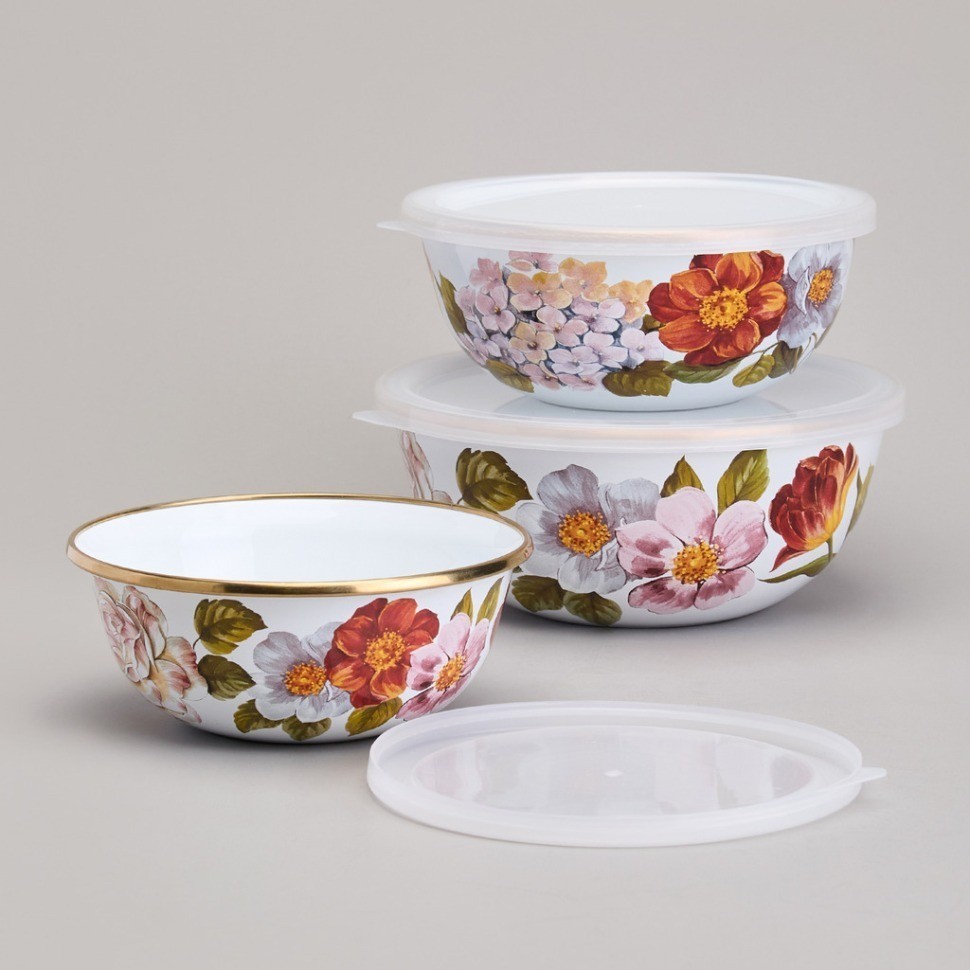 Набор мисок agness эмалированных с пластик.крышками, серия фландрия 6пр 0,6/0,9/1,3л диа. 14/16/18см (950-595)