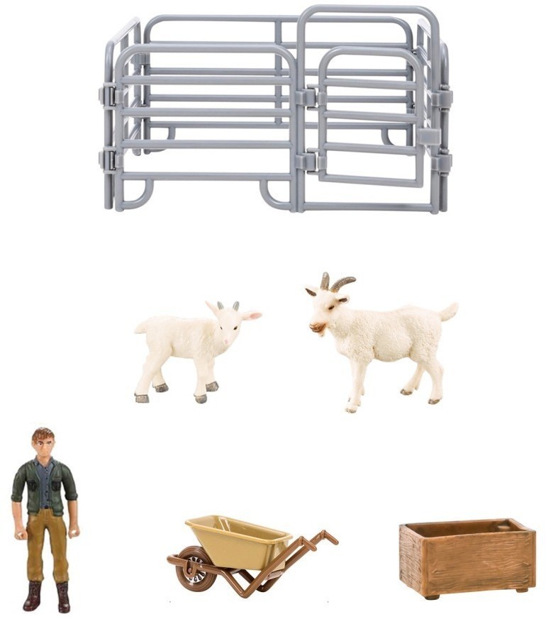 Игрушки фигурки в наборе серии "На ферме", 6 предметов (фермер, 2 козлика, ограждение-загон, инвентарь) (MM205-399)