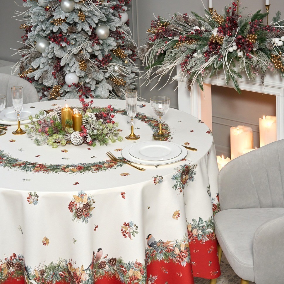 Скатерть круглая "морозко.снегири" 220см ,красный, 100% хлопок, твил, с пропиткой Lefard (850-745-24)