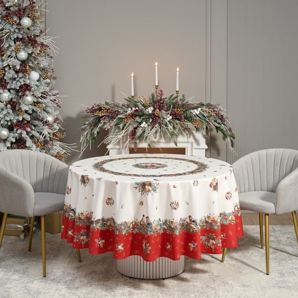 Скатерть круглая "морозко.снегири" 220см ,красный, 100% хлопок, твил, с пропиткой Lefard (850-745-24)