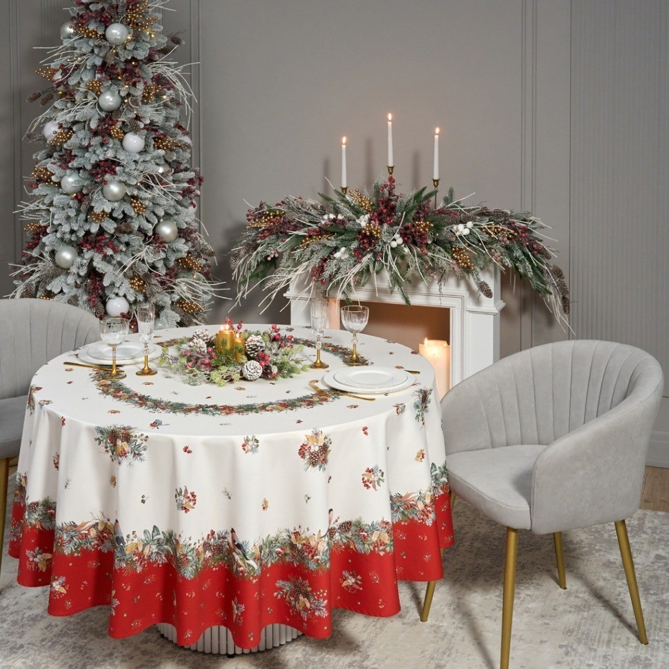 Скатерть круглая "морозко.снегири" 220см ,красный, 100% хлопок, твил, с пропиткой Lefard (850-745-24)