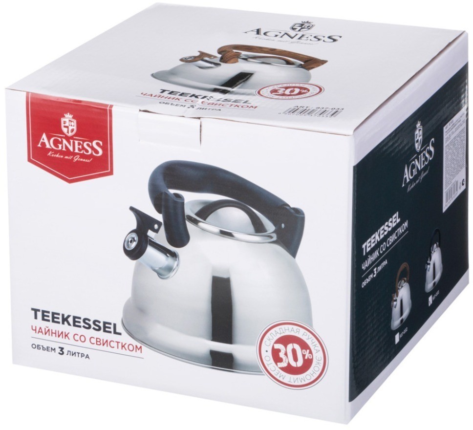 Чайник agness со свистком,  3,0 л и складывающейся ручкой (937-033)