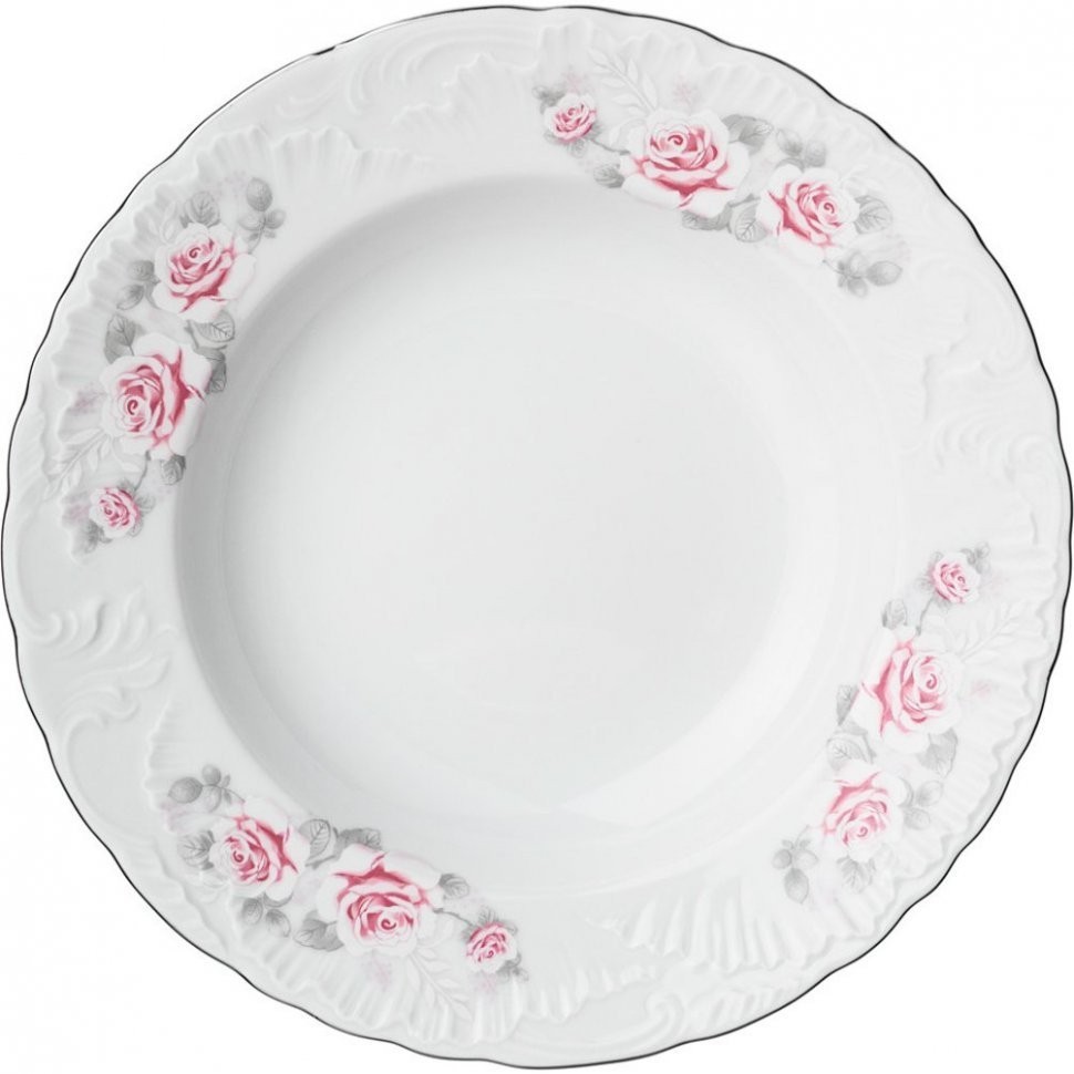 Тарелка  суповая рококо "нежная роза" платина 22,5 см 0,6л мал.уп. 6шт без упак Cmielow (676-009)