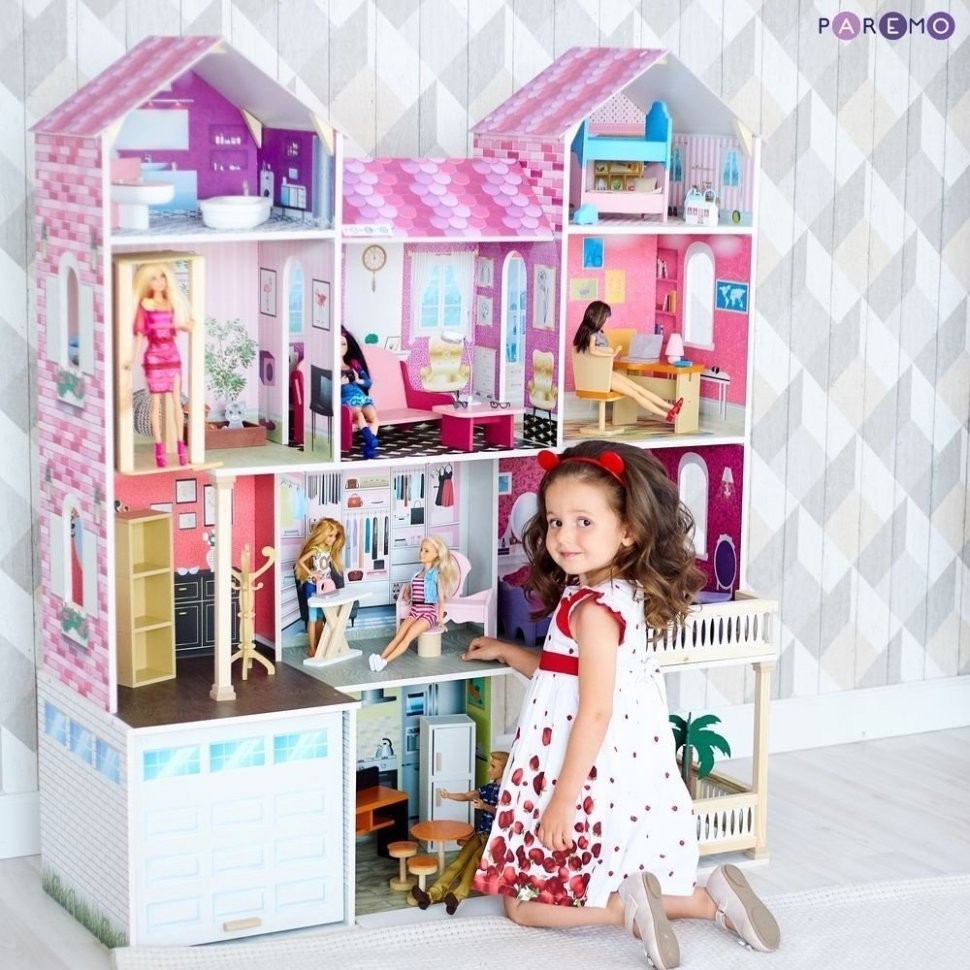 Деревянный кукольный домик "Поместье Агостина", с мебелью 36 предметов в наборе и с гаражом, свет, звук, для кукол 30 см (PD318-17)