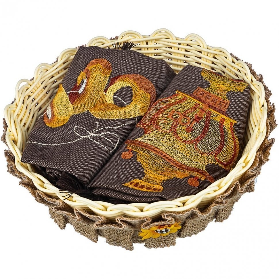 Набор из корзины и 2-х салфеток 40х40см "посиделки",коричневый, вышивка, 100%хлопок, SANTALINO (850-841-62)
