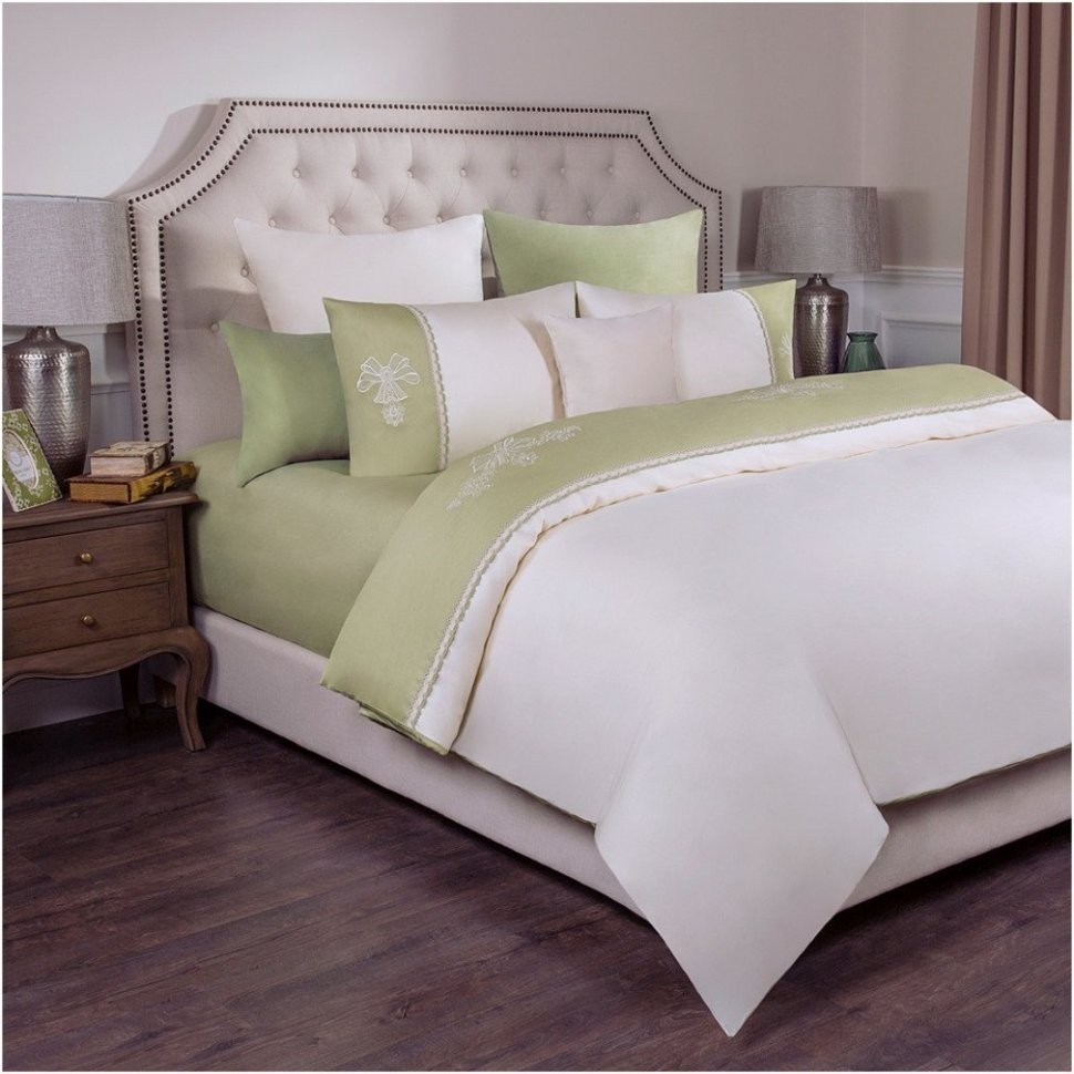 Кпб 2-х спальный "сонет" под 175*215 см, пр (цвет св зеленый) 220*250 см, нав 50*70-2 шт, 100% х/б SANTALINO (984-302)