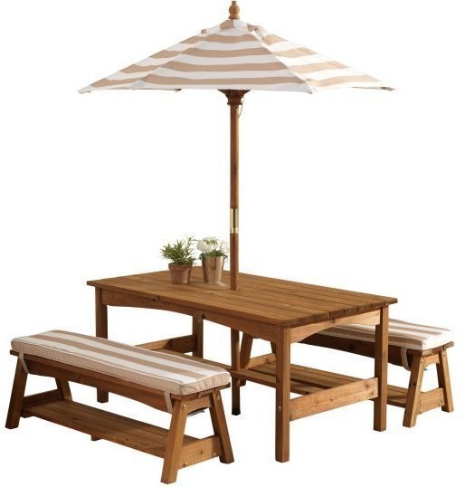 Стол с двумя скамейками и зонтом (бело-коричнеые полосы) (00500_KE)