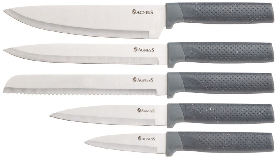 Набор из 9пр: 5 ножей, половник, лопатка и шумовка, подставка цвет серый agness (671-205)