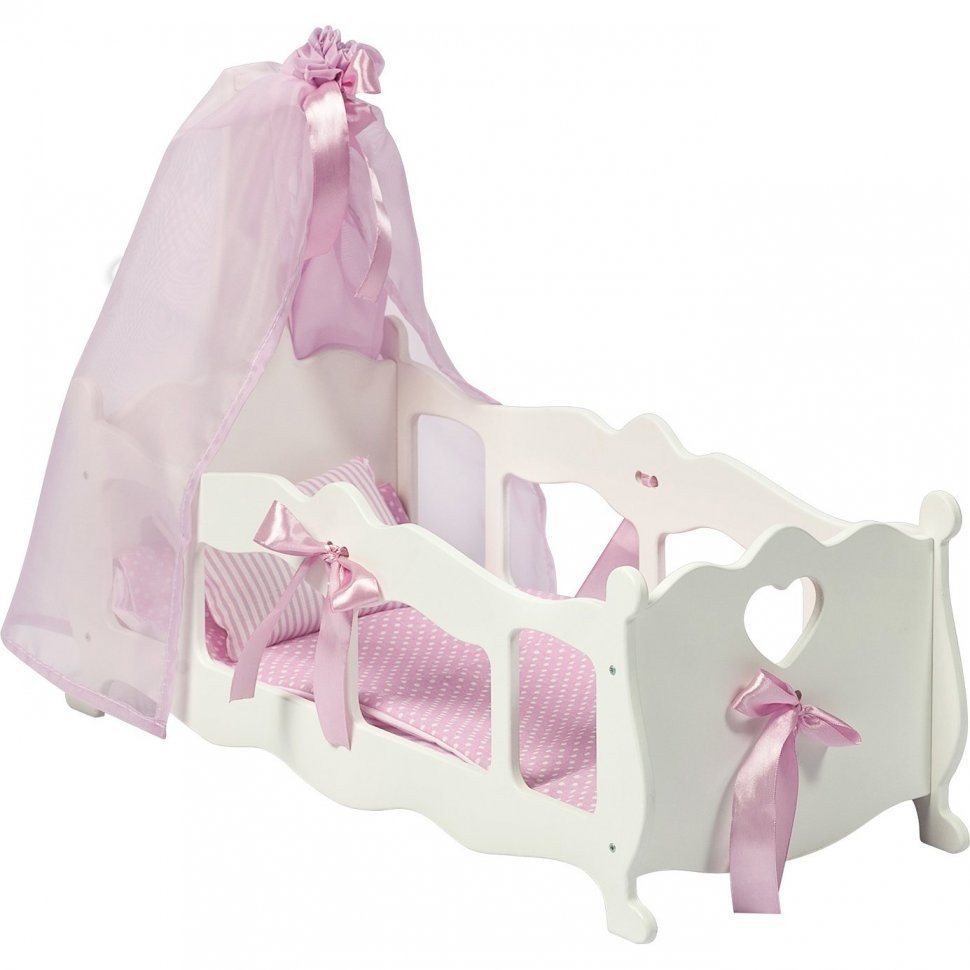 Кроватка - колыбелька для кукол с постельным бельем и балдахином, цвет: белый (PFD120-55)
