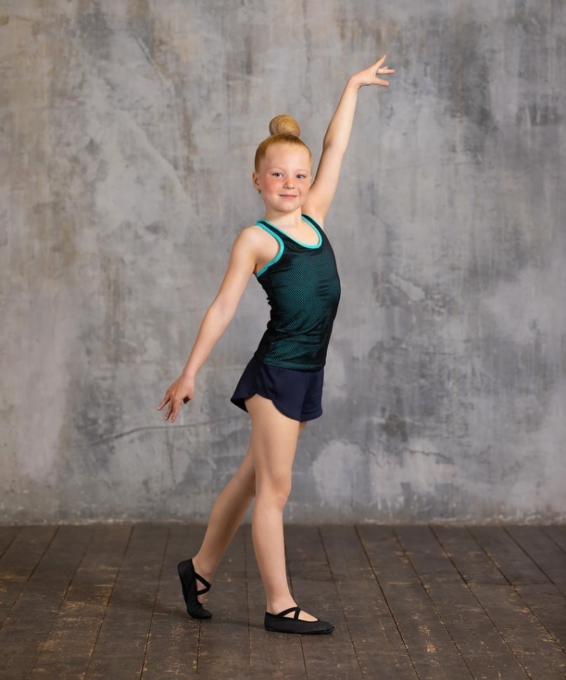 Майка-борцовка гимнастическая Valerie двойная, полиамид, черный/аквамарин, детский (784400)