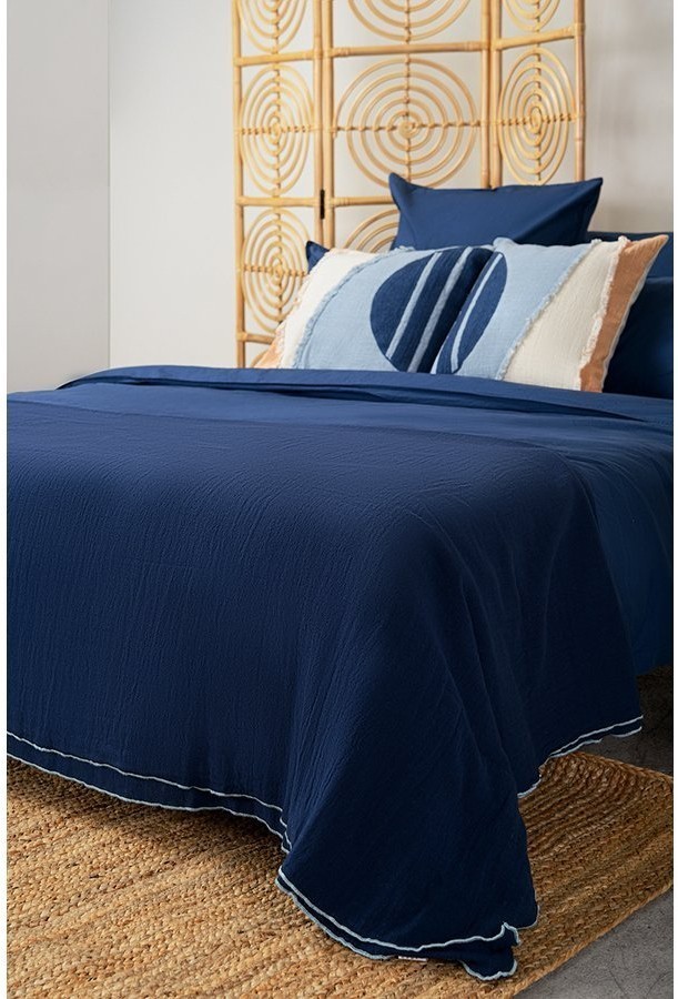 Комплект постельного белья полутораспальный темно-синего цвета из органического стираного хлопка из коллекции essential (69374)