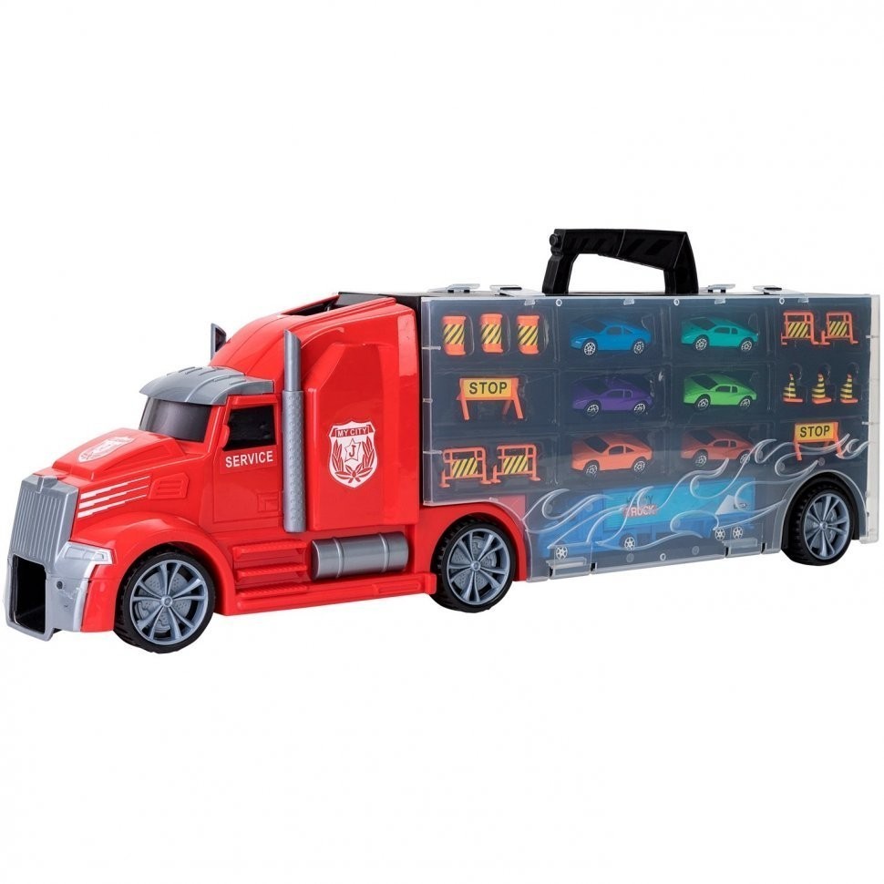 Детская машинка серии "Мой город" (Автовоз - кейс 64 см, красный, с тоннелем. Набор из 6 машинок, 1 фуры и 12 дорожных знаков) (G205-003)