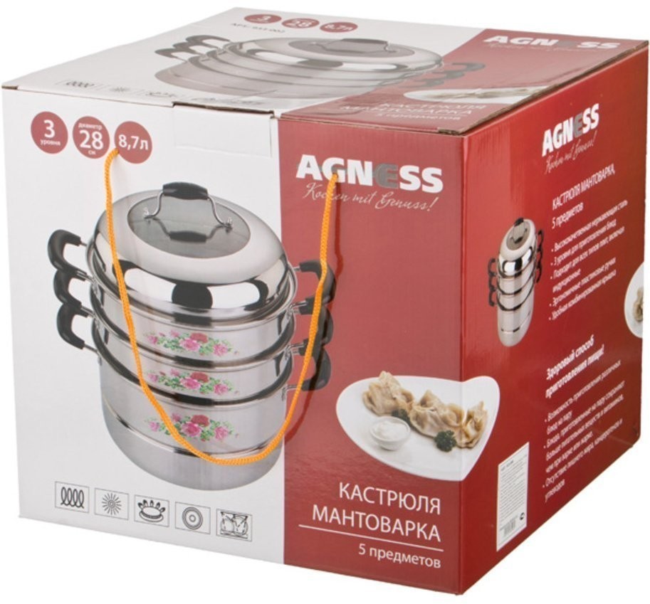 Кастрюля-мантоварка agness 3 уровня диаметр=28 см 8,7 л индукционное дно (933-008)